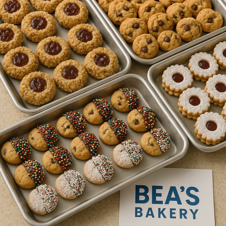 Assorted cookies including thumbprint jam cookies, chocolate chip, powdered sugar, and sprinkles on trays at Bea’s Bakery.