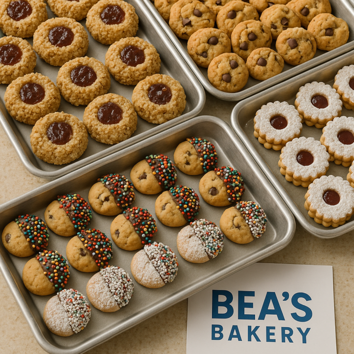 Assorted cookies including thumbprint jam cookies, chocolate chip, powdered sugar, and sprinkles on trays at Bea’s Bakery.