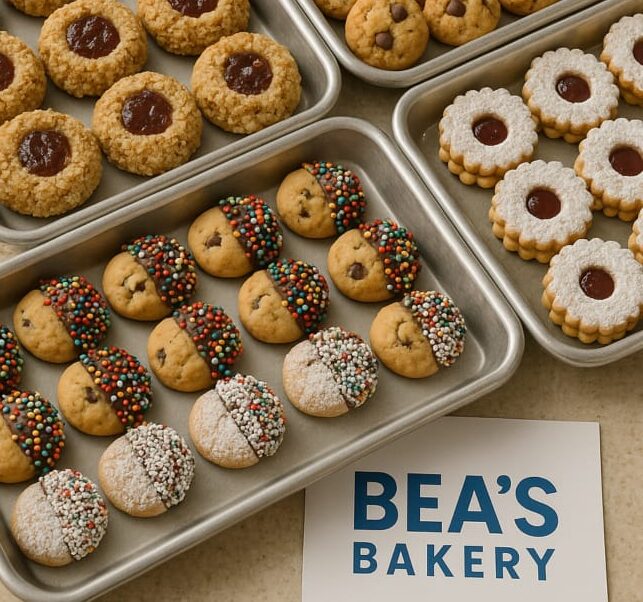 Assorted cookies including thumbprint jam cookies, chocolate chip, powdered sugar, and sprinkles on trays at Bea’s Bakery.