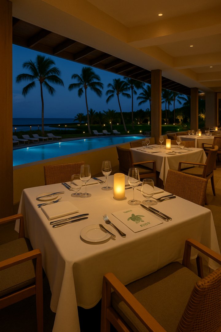 Candlelit dinner table set by the pool with palm trees and ocean view at a tropical resort restaurant at night.