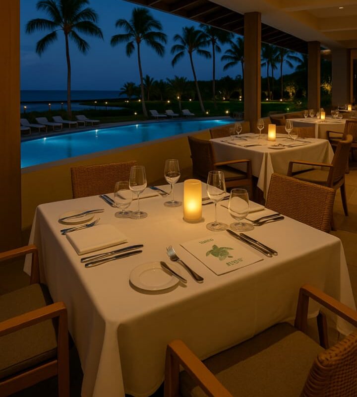 Candlelit dinner table set by the pool with palm trees and ocean view at a tropical resort restaurant at night.