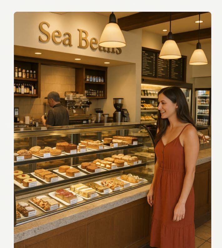 Woman in a rust-colored dress standing at the pastry counter inside Sea Beans café at Terranea Resort, with a display of fresh baked goods.