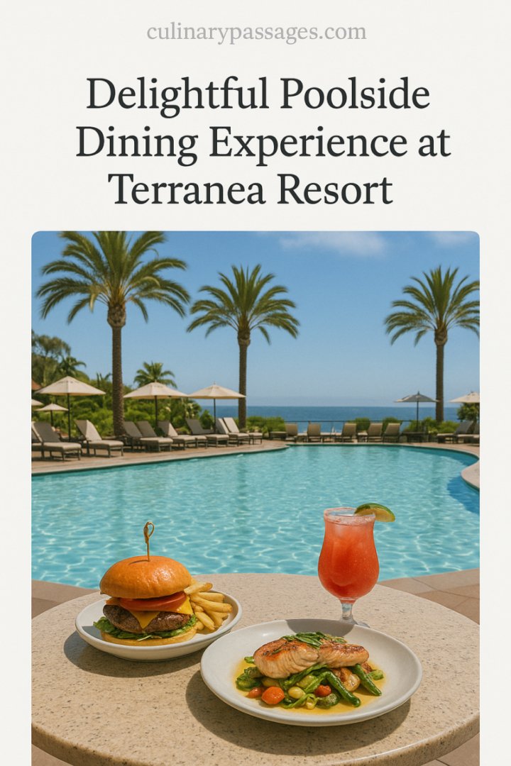 Poolside dining at Terranea Resort with a burger, fries, grilled salmon, and a tropical cocktail overlooking the ocean.