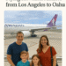 Family of four posing in front of a Hawaiian Airlines airplane before flying from Los Angeles to Oahu.