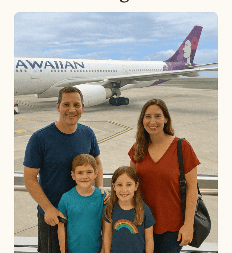 Family of four posing in front of a Hawaiian Airlines airplane before flying from Los Angeles to Oahu.