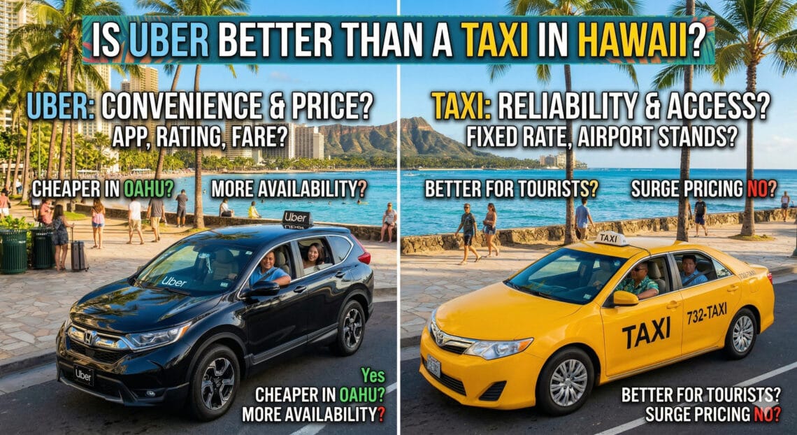 A side-by-side comparison graphic titled "Is Uber Better Than a Taxi in Hawaii?" featuring a black Uber SUV on the left and a yellow taxi on the right, both parked along a scenic Waikiki beachfront with Diamond Head in the background.