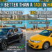 A side-by-side comparison graphic titled "Is Uber Better Than a Taxi in Hawaii?" featuring a black Uber SUV on the left and a yellow taxi on the right, both parked along a scenic Waikiki beachfront with Diamond Head in the background.