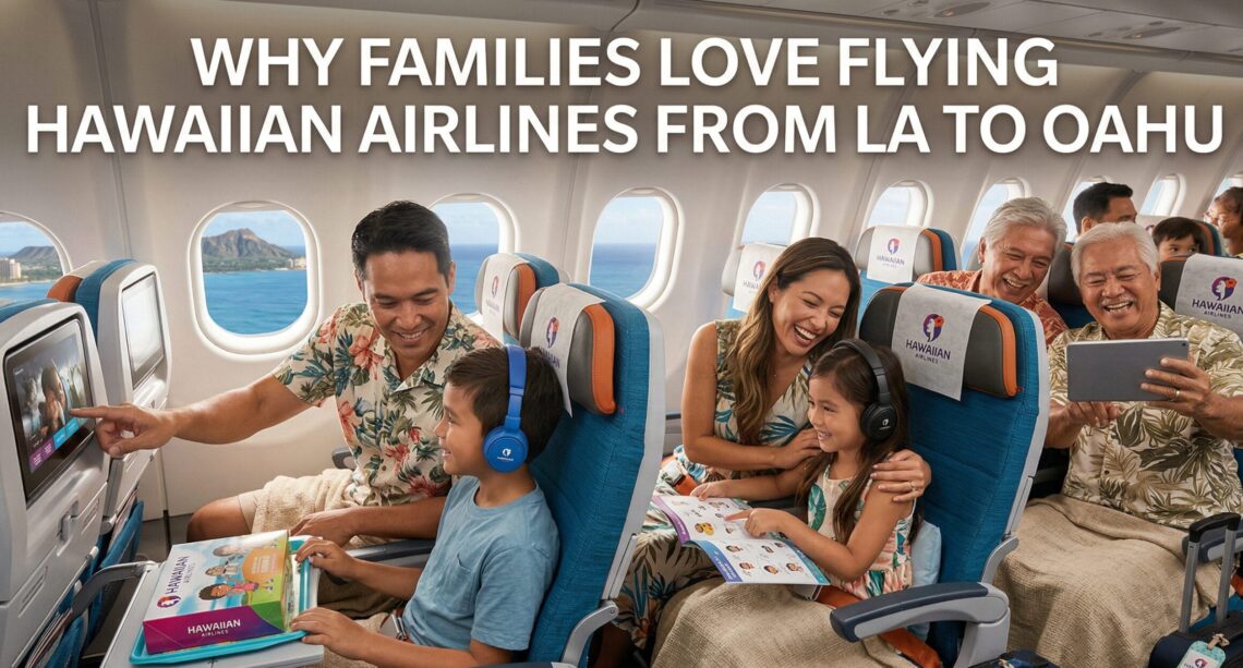 A multi-generational family happily seated in the cabin of a Hawaiian Airlines flight, with views of Diamond Head through the windows as they enjoy in-flight entertainment and snacks.