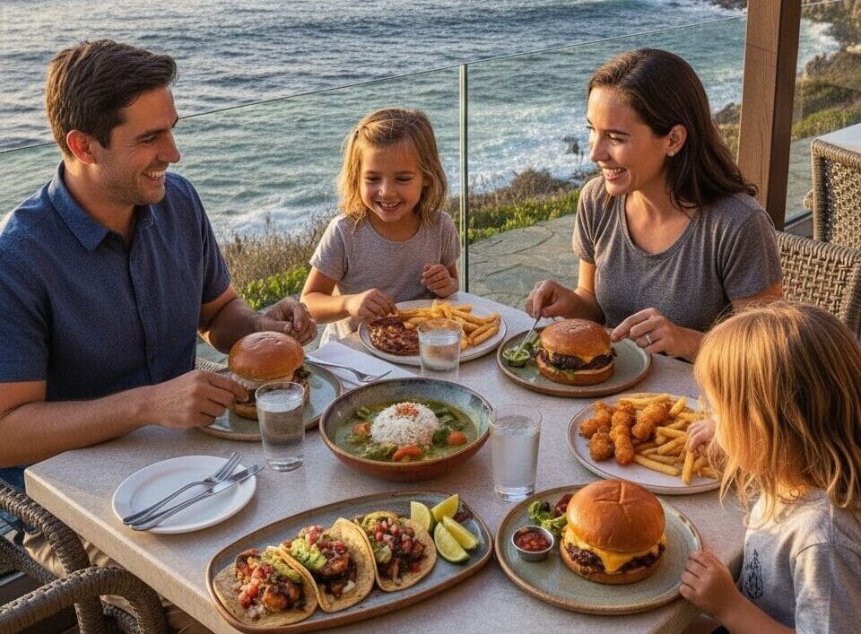 A family of four enjoys a meal outdoors on a restaurant patio ant Nelson’s overlooking a rugged coastline and the ocean at sunset.