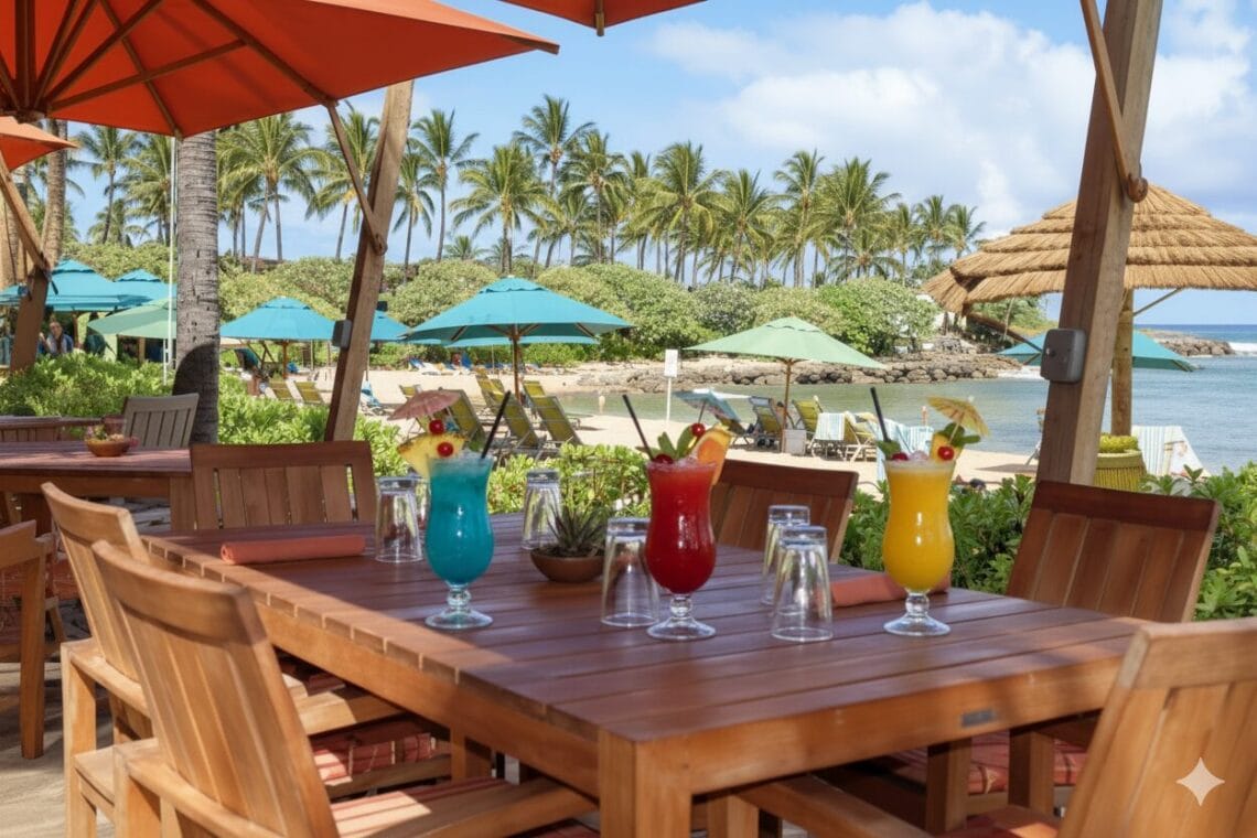 Wooden dining table with Hawaiian cocktails and beach chairs under umbrellas at The Beach House Restaurant, Turtle Bay, Oahu.