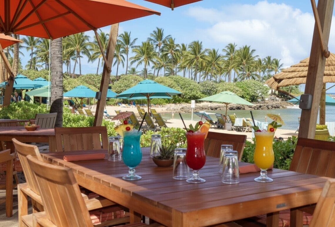 Wooden dining table with Hawaiian cocktails and beach chairs under umbrellas at The Beach House Restaurant, Turtle Bay, Oahu.