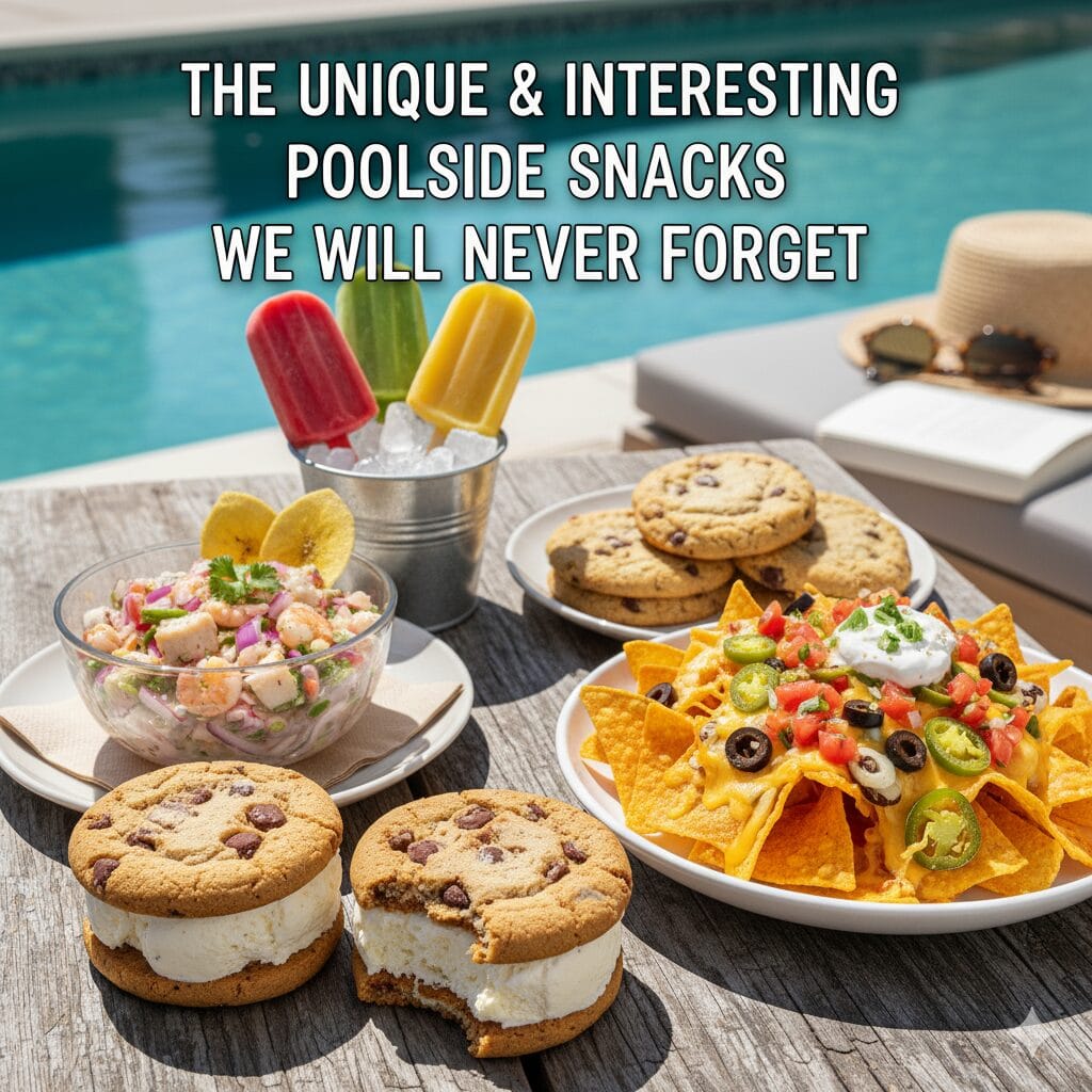 A vibrant poolside spread featuring both gourmet and classic snacks: a chocolate chip cookie ice cream sandwich, a bright pink ice cream pop, a bowl of fresh ceviche with tortilla chips, and a plate of fully loaded nachos topped with cheese and guacamole. The food is set against a wooden table with a view of a sparkling blue swimming pool, emphasizing a luxurious and fun summer vibe.
