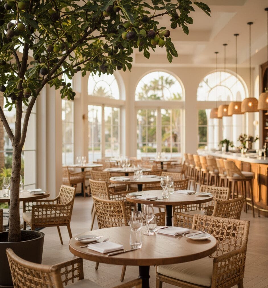 An elegant, light-filled dining room at Fig Restaurant in Santa Monica with high ceilings, hanging plants, communal tables, and a view of the garden patio.