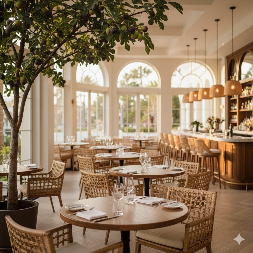 An elegant, light-filled dining room at Fig Restaurant in Santa Monica with high ceilings, hanging plants, communal tables, and a view of the garden patio.