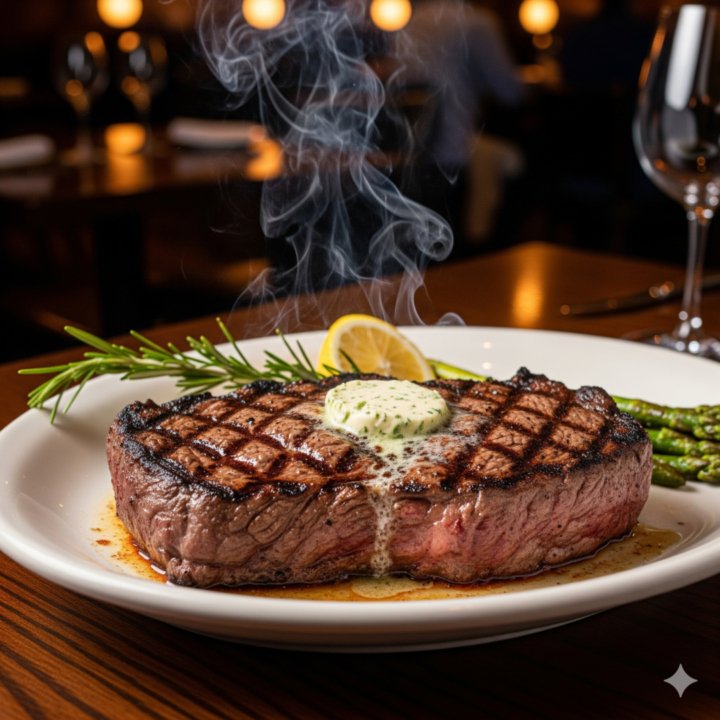 Juicy grilled steak topped with melting herb butter, served with asparagus and lemon garnish at a steakhouse.