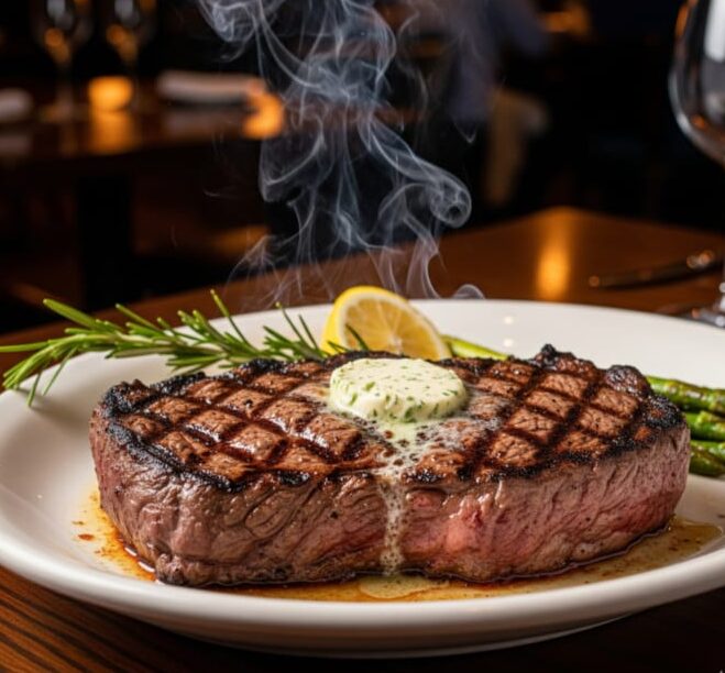 Juicy grilled steak topped with melting herb butter, served with asparagus and lemon garnish at a steakhouse.