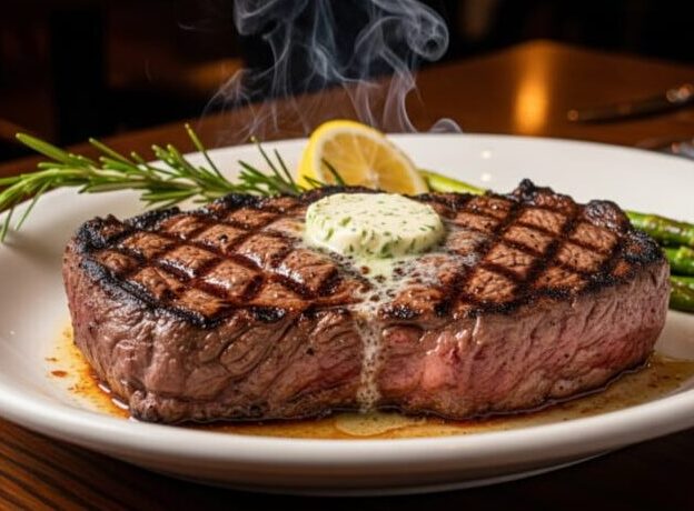 Juicy grilled steak topped with melting herb butter, served with asparagus and lemon garnish at a steakhouse.