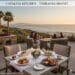 Luxury coastal dining at Catalina Kitchen, Terranea Resort. Sunset dinner on an ocean-view patio with seafood dishes and champagne.