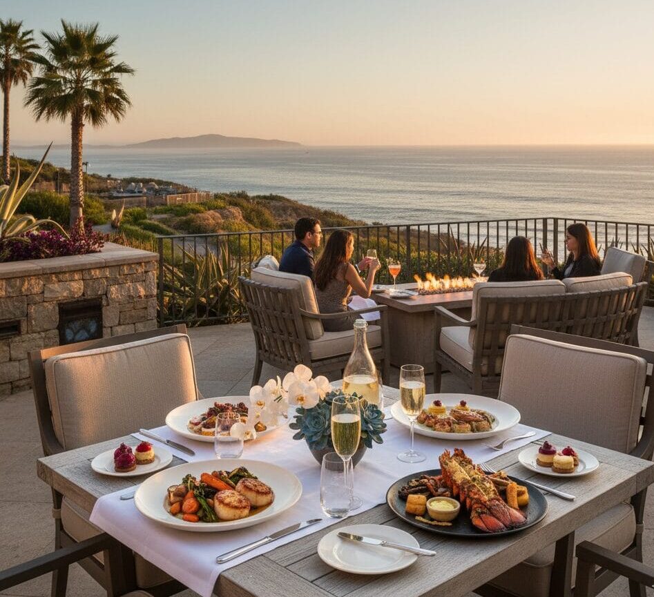 Luxury coastal dining at Catalina Kitchen, Terranea Resort. Sunset dinner on an ocean-view patio with seafood dishes and champagne.