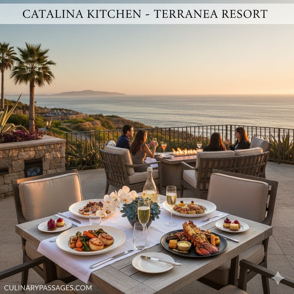 Luxury coastal dining at Catalina Kitchen, Terranea Resort. Sunset dinner on an ocean-view patio with seafood dishes and champagne.