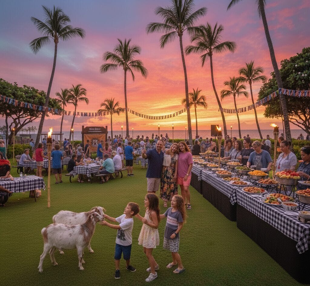 Three children interact with two small goats on a grassy lawn during a 4th of July celebration at a tropical resort at sunset. In the background, a crowd of people enjoys a buffet and live music under palm trees decorated with patriotic streamers and tiki torches.