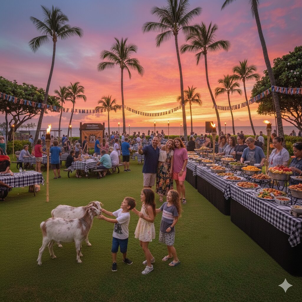 Three children interact with two small goats on a grassy lawn during a 4th of July celebration at a tropical resort at sunset. In the background, a crowd of people enjoys a buffet and live music under palm trees decorated with patriotic streamers and tiki torches.