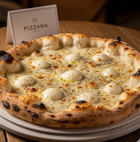 Freshly baked white pizza with mozzarella and black pepper at Pizzana restaurant in Los Angeles.