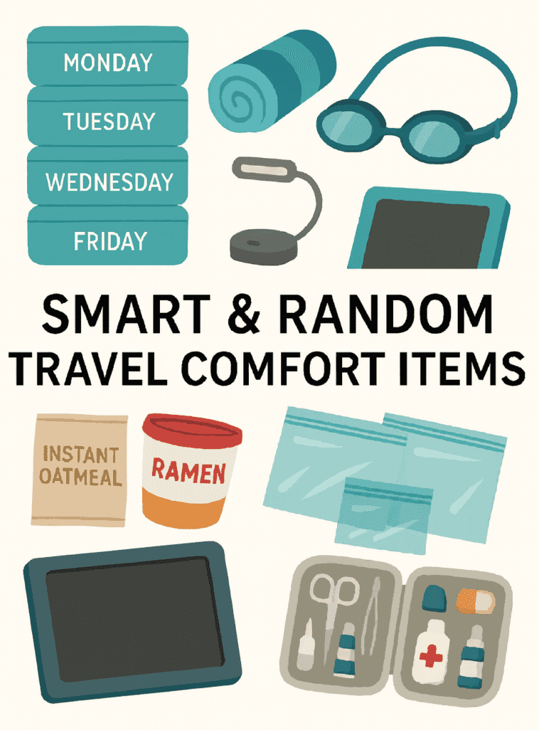 Infographic showing smart and random travel comfort items like snacks, toiletries, medicine kit, and accessories.