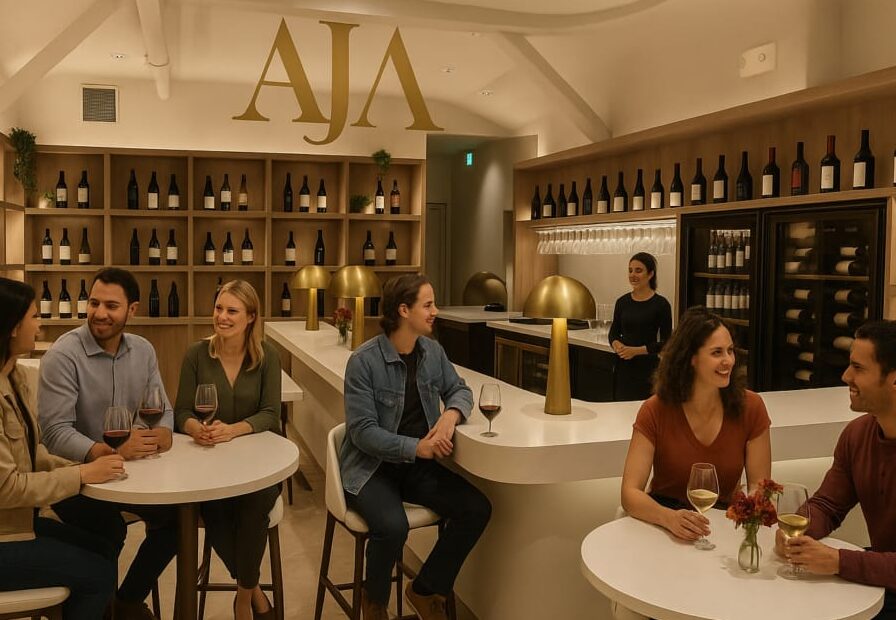 Groups of friends enjoying wine at AJA Vineyards Tasting Room in Santa Monica, with bottles displayed on shelves.