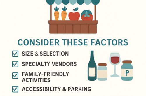 Infographic guide on how to pick the best farmers market, including factors like selection, vendors, family activities, and accessibility.