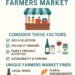 Infographic guide on how to pick the best farmers market, including factors like selection, vendors, family activities, and accessibility.