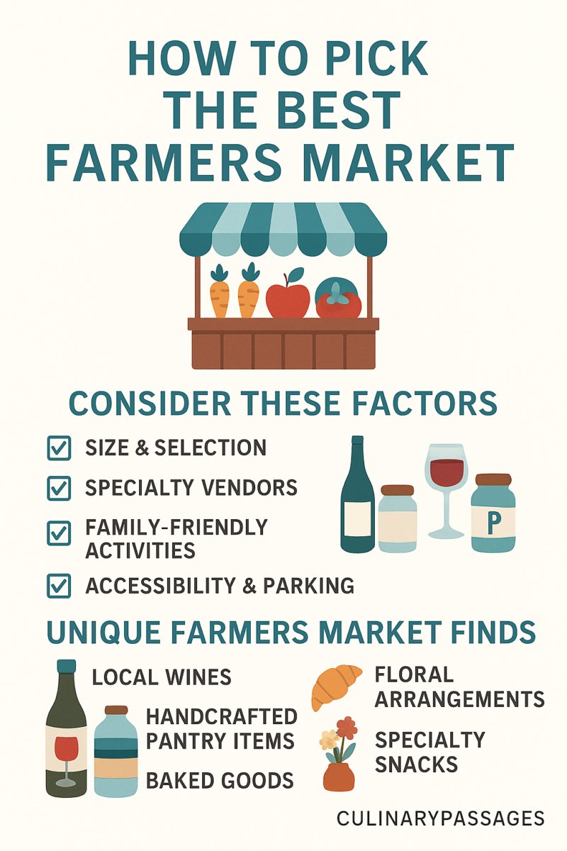 Infographic guide on how to pick the best farmers market, including factors like selection, vendors, family activities, and accessibility.