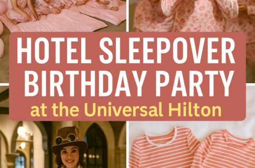 Girls celebrating a hotel sleepover birthday party at the Universal Hilton with pajamas, milkshakes, games, and themed decorations.