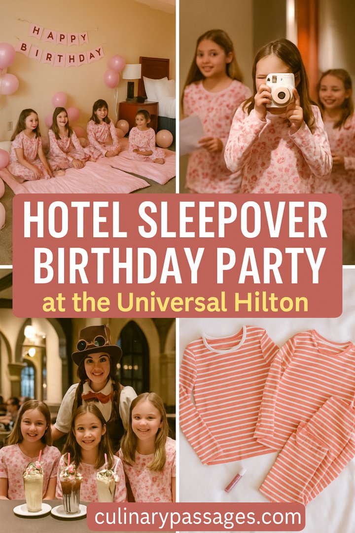 Girls celebrating a hotel sleepover birthday party at the Universal Hilton with pajamas, milkshakes, games, and themed decorations.