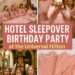 Girls celebrating a hotel sleepover birthday party at the Universal Hilton with pajamas, milkshakes, games, and themed decorations.