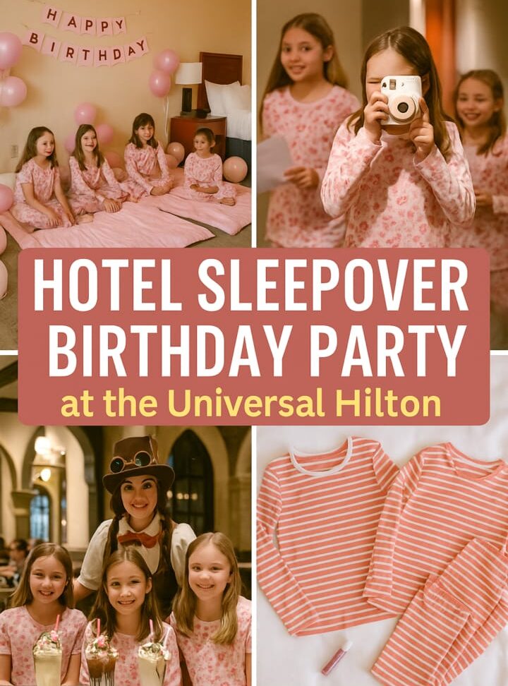 Girls celebrating a hotel sleepover birthday party at the Universal Hilton with pajamas, milkshakes, games, and themed decorations.