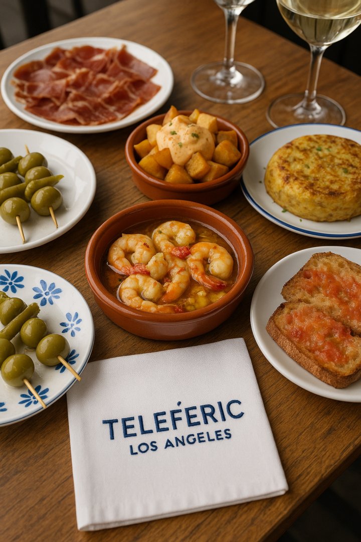 Spanish tapas spread with shrimp, jamón, patatas bravas, tortilla española, olives, and wine at Teleféric Los Angeles.