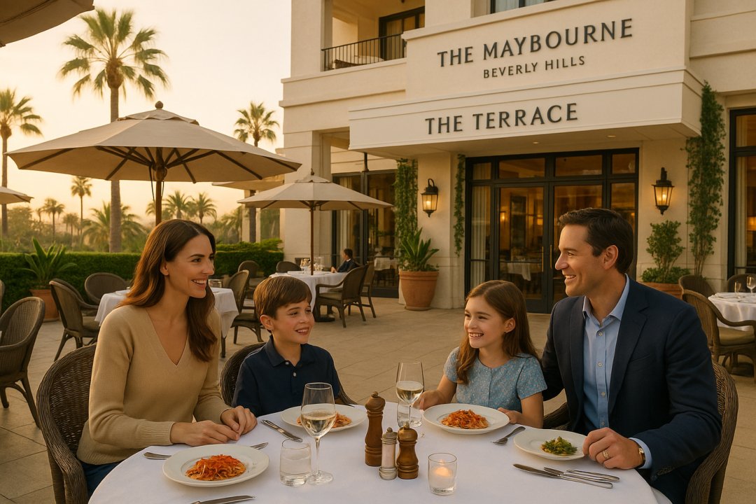 Family of four dining outdoors at The Terrace restaurant at The Maybourne Beverly Hills, enjoying pasta dishes at sunset.