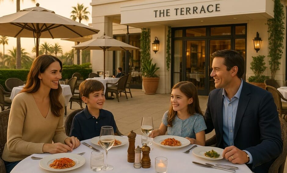 Family of four dining outdoors at The Terrace restaurant at The Maybourne Beverly Hills, enjoying pasta dishes at sunset.