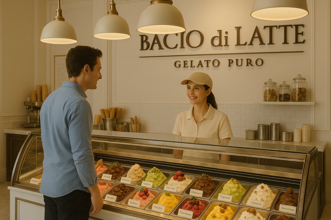 Customer ordering gelato at Bacio di Latte in Brentwood, Los Angeles, with colorful flavors displayed in the case.