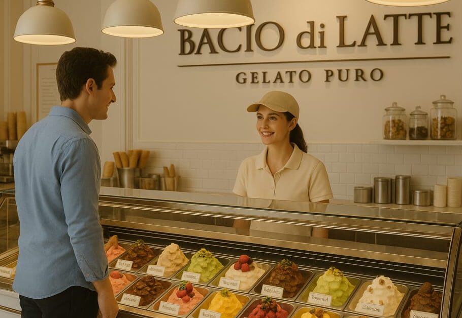 Customer ordering gelato at Bacio di Latte in Brentwood, Los Angeles, with colorful flavors displayed in the case.