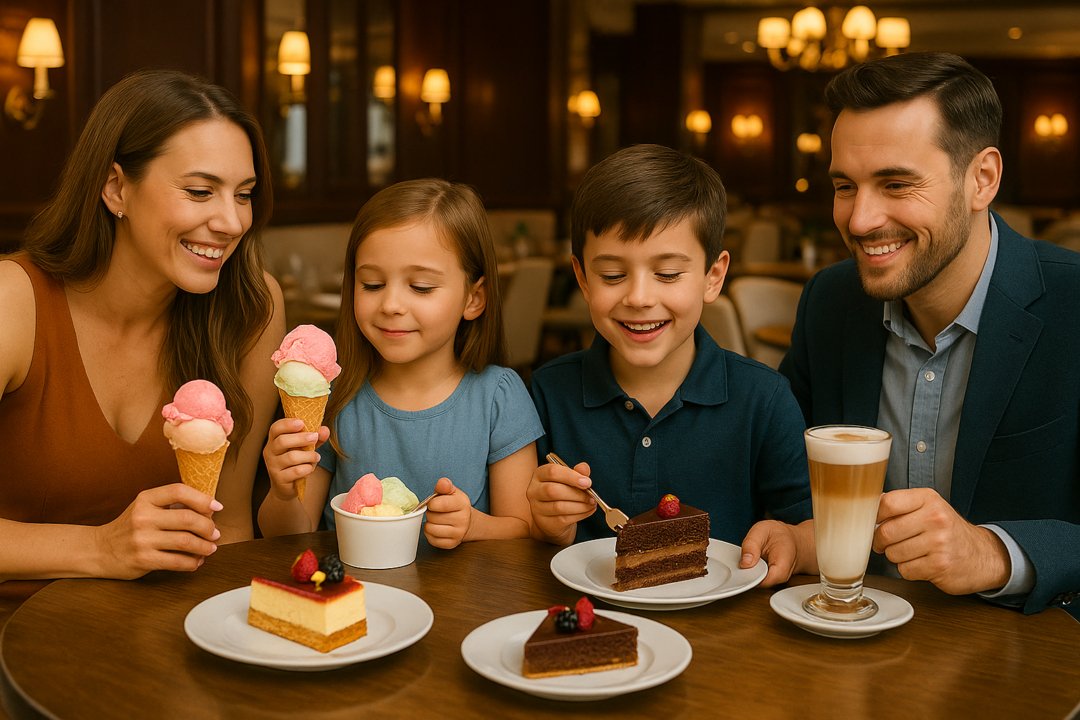 Smiling family of four enjoying desserts including ice cream cones, cake, and coffee at a restaurant.