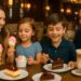 Smiling family of four enjoying desserts including ice cream cones, cake, and coffee at a restaurant.