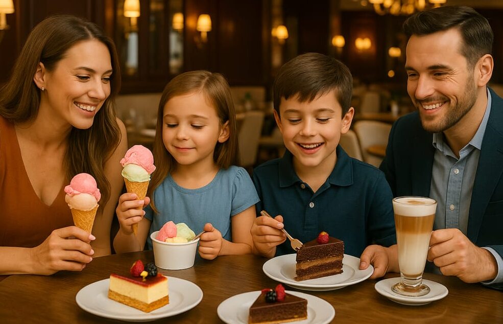 Smiling family of four enjoying desserts including ice cream cones, cake, and coffee at a restaurant.
