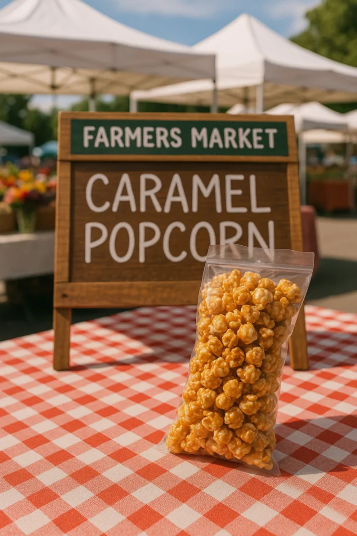 Bag of caramel popcorn displayed on a red checkered tablecloth with a farmers market sign in the background.
