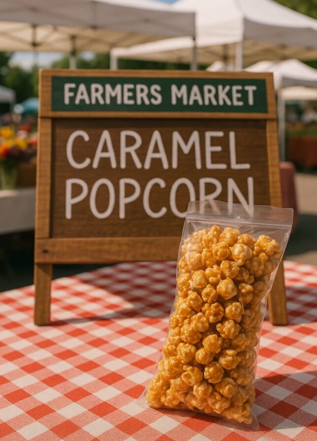 Bag of caramel popcorn displayed on a red checkered tablecloth with a farmers market sign in the background.