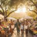 A bustling outdoor farmers market in Southern California at sunset, with warm golden light filtering through large trees. Shoppers browse numerous stalls overflowing with fresh, colorful produce like fruits, vegetables, and artisanal goods. People of diverse ages and backgrounds are visible, some carrying reusable bags. In the foreground, a chalkboard sign reads "CulinaryPassages.com Presents: Farmers Markets Southern California Guide: Exclusive Hidden Treasures."