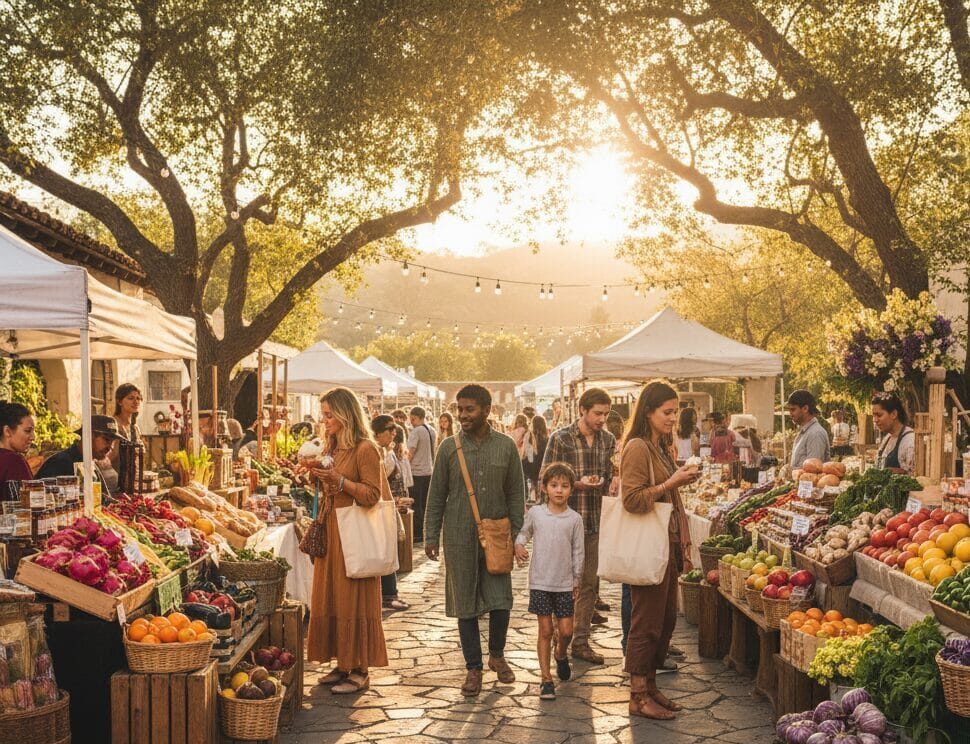 A bustling outdoor farmers market in Southern California at sunset, with warm golden light filtering through large trees. Shoppers browse numerous stalls overflowing with fresh, colorful produce like fruits, vegetables, and artisanal goods. People of diverse ages and backgrounds are visible, some carrying reusable bags. In the foreground, a chalkboard sign reads "CulinaryPassages.com Presents: Farmers Markets Southern California Guide: Exclusive Hidden Treasures."