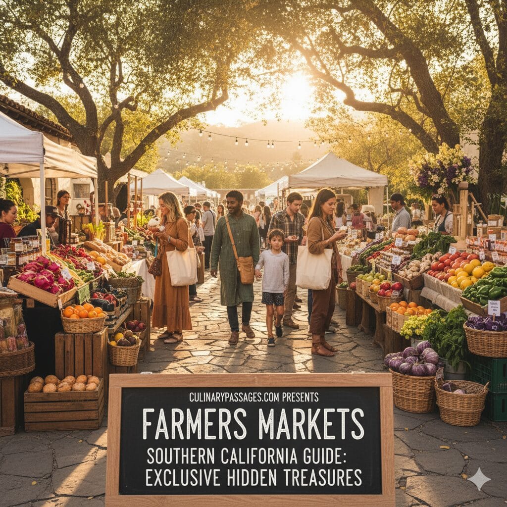 A bustling outdoor farmers market in Southern California at sunset, with warm golden light filtering through large trees. Shoppers browse numerous stalls overflowing with fresh, colorful produce like fruits, vegetables, and artisanal goods. People of diverse ages and backgrounds are visible, some carrying reusable bags. In the foreground, a chalkboard sign reads "CulinaryPassages.com Presents: Farmers Markets Southern California Guide: Exclusive Hidden Treasures."