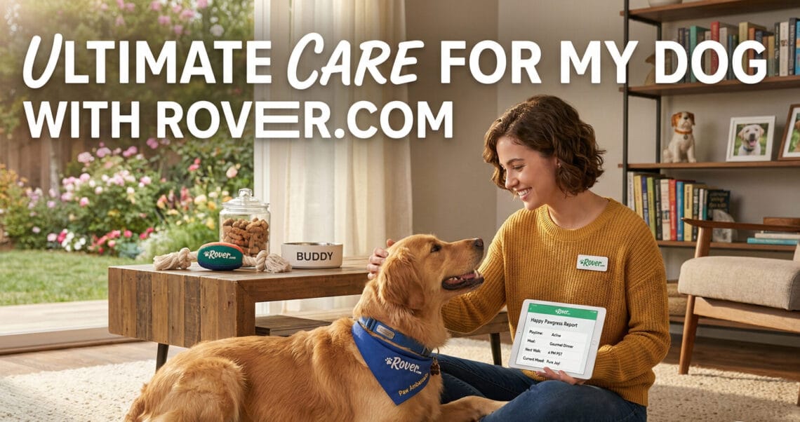 A promotional graphic for Rover.com featuring a pet sitter in a yellow sweater petting a golden retriever while holding a tablet showing a "Happy Progress Report."